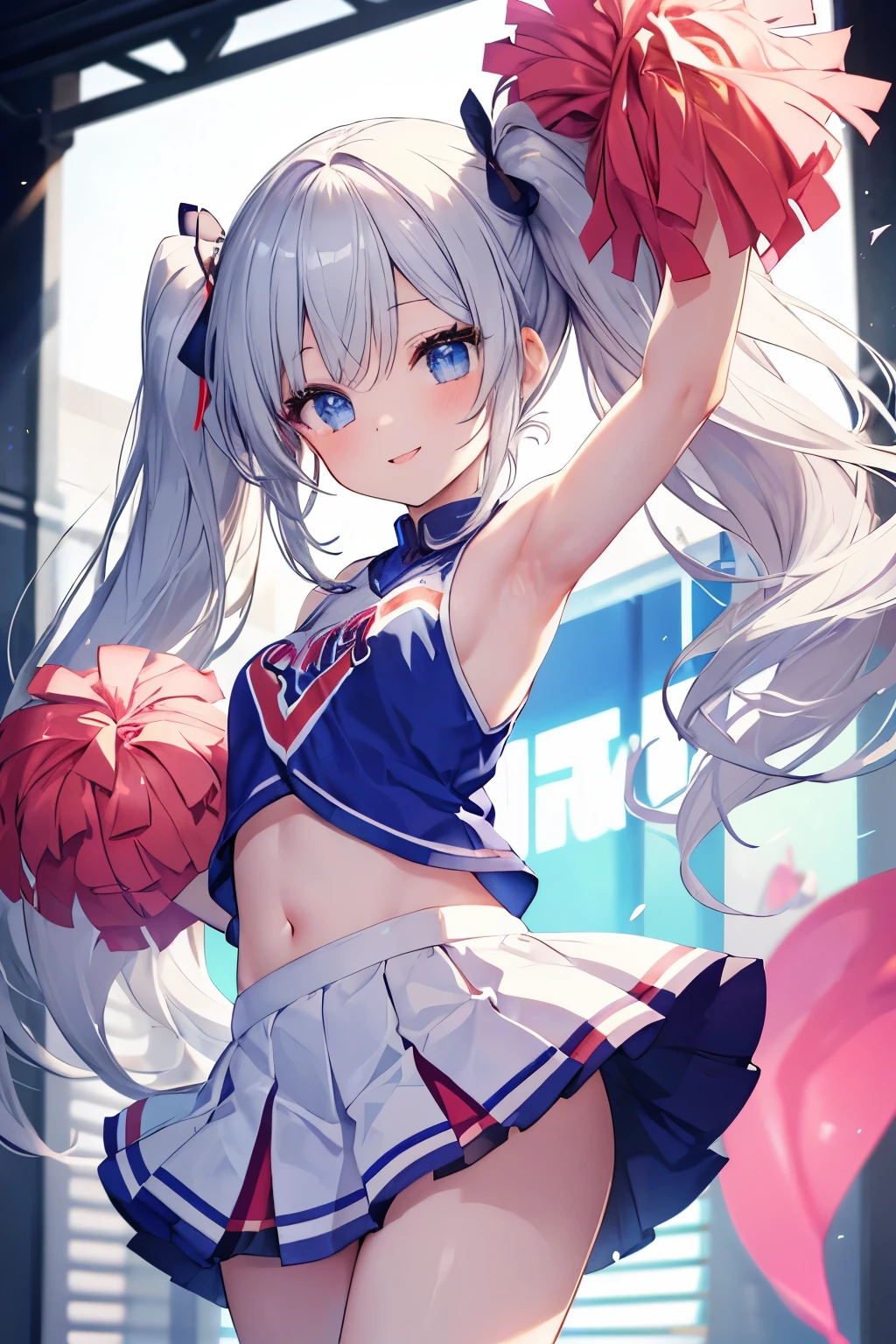 Silver Hair、blue eyes、girl、Small breasts、Twin tails、、girl、Small breasts、ta、Bright smile、Looks about 15 yan Musume、short、目のhighlight、Sexy thighs、Cheerleader、Please show me your armpits、Your eyes are so beautiful、highlight