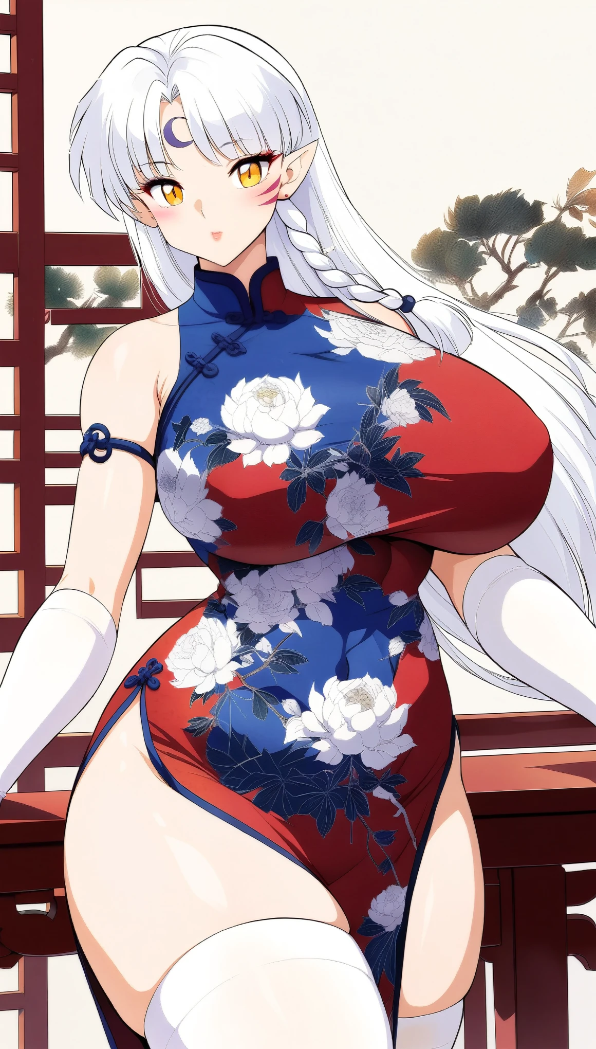 1girl,Sesshoumaru,sesshoumaru,mature female,(scornful eyes),yellow eyes,parted bangs,pointy ears,white hair,very long hair,red facial mark,forehead mark,alternate costume,arm at side,blush,braid,breasts,china dress,chinese clothes,curvy,dress,elbow gloves,bare shoulder,sleeveless,cleavage cutout,floral print,gloves,(blue and white porcelain gorgeous qipao,china dress,chinese clothes,dress),gigantic breasts,areola slip,hip vent,print dress,indoors,holding,lips,looking at viewer,parted bangs,short sleeves,single braid,solo,standing,thick thighs,upturned eyes,white thighhighs,wide hips,