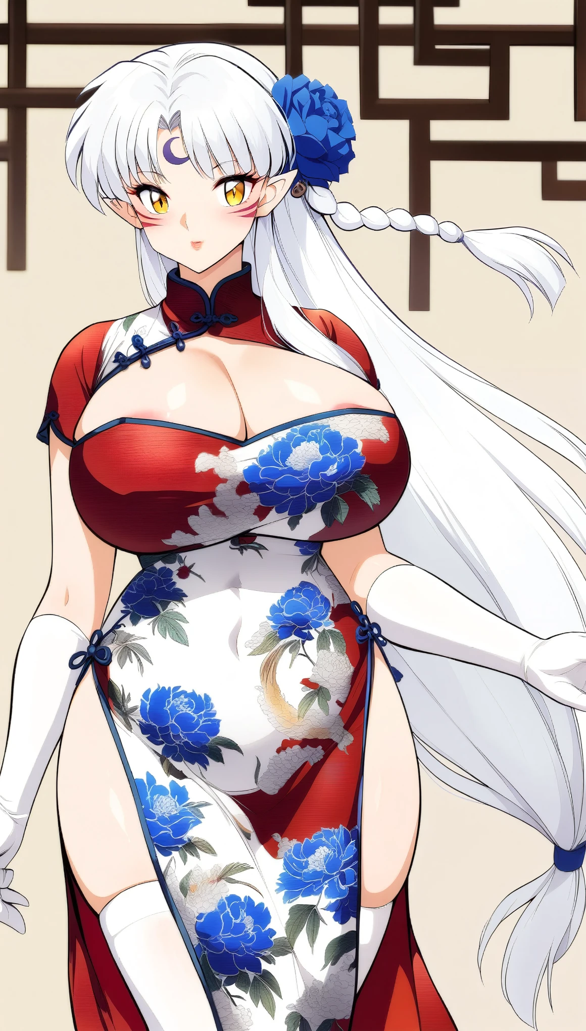 1girl,Sesshoumaru,sesshoumaru,mature female,(scornful eyes),yellow eyes,parted bangs,pointy ears,white hair,very long hair,red facial mark,forehead mark,alternate costume,arm at side,blush,braid,breasts,china dress,chinese clothes,curvy,dress,elbow gloves,bare shoulder,sleeveless,cleavage cutout,floral print,gloves,(blue and white porcelain gorgeous qipao,china dress,chinese clothes,dress),gigantic breasts,areola slip,hip vent,print dress,indoors,holding,lips,looking at viewer,parted bangs,short sleeves,single braid,solo,standing,thick thighs,upturned eyes,white thighhighs,wide hips,