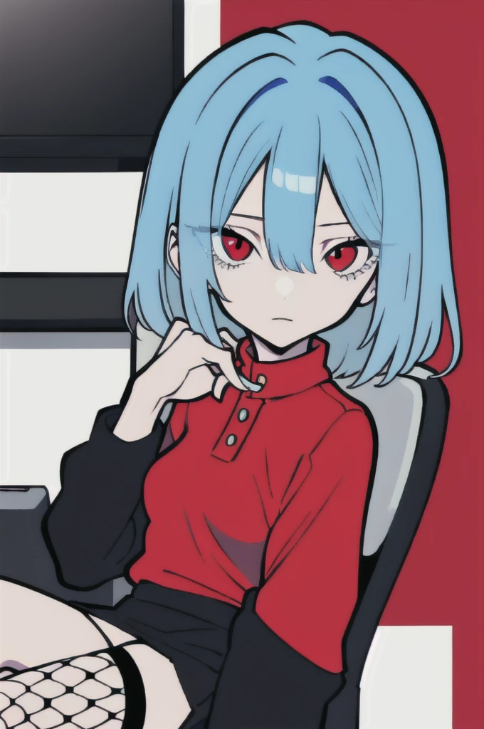 (masterpiece, best quality), a young light blue haired girl office secretary dressed in a red revealing top and black miniskirt and black fishnet ,sitting in an office chair, (detailed skin:1.3),(detailed eyes), (sharp focus), red eyes