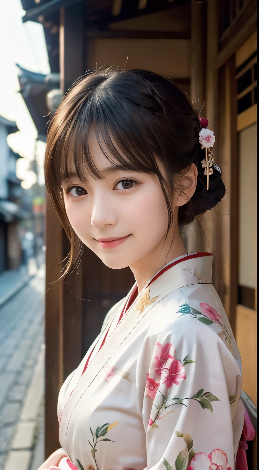 Professional Lighting,(Photorealistic:1.4), (Top image quality:1.0), (超A high resolution:1.0), 8k, Raw photography, (masterpiece:0.2), (Facing the children_v1:0.5)、(最高quality Detail:1.2)、Realistic、8K Ultra HD、High resolution、(1 girl:1.2)、超detailedな、High quality textures、複雑なdetailed、detailed、Very detailed CG、High quality shadows、detailed 美しく繊細な顔、Beautiful details and a delicate eye、(Symmetrical eyes:1.2),Written boundary depth、Ray Tracing,1 girl, Japanese Girls, (Natural smile:1.4),cute, thin, Portrait of a beautiful Japanese woman in a kimono, Standing elegantly on a street corner in Kyoto. Kimono with vibrant traditional patterns, Hair decorated with elegant and delicate hairpins, Gentle expression. (With the old streets of Kyoto in the background:1.4)、The soft light of a spring afternoon、Adding tranquility to the scene. Rendered in a Realistic style with great attention to detail, High resolutionの画像.Sky Porn, Magic Hour, (Realistic:1.3), finely, quality, (Tabletop:1.2), (Realistic:1.2), (最高quality), (複雑なdetailed), dramatic, Ray Tracing, photograph, +roller