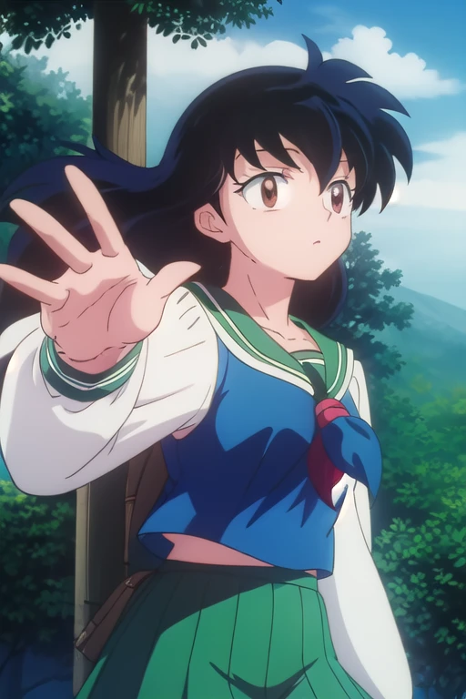 kagomehigurashi, kagome higurashi, long hair, (black hair:1.5), (brown eyes:1.5), BREAK skirt, shirt, long sleeves, , white shirt, pleated skirt, serafuku, sailor collar, neckerchief, green skirt, red neckerchief, BREAK outdoors, BREAK looking at viewer, (cowboy shot:1.5), BREAK (masterpiece:1.2), best quality, high resolution, (beautiful detailed eyes:1.6), extremely detailed face, perfect lighting, extremely detailed CG, (perfect hands, perfect anatomy),
