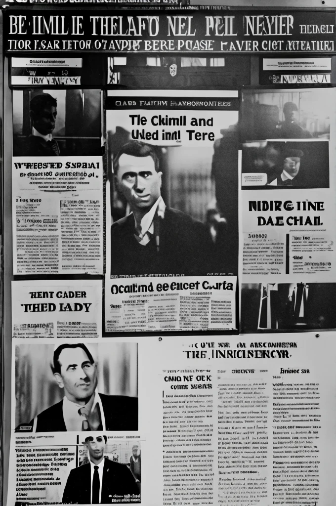 A black and white photo of Ted Bundy is placed in the center.、Around it are collages of newspaper headlines and photos of court scenes.。The background has a foggy effect.、His historical impact is highlighted。