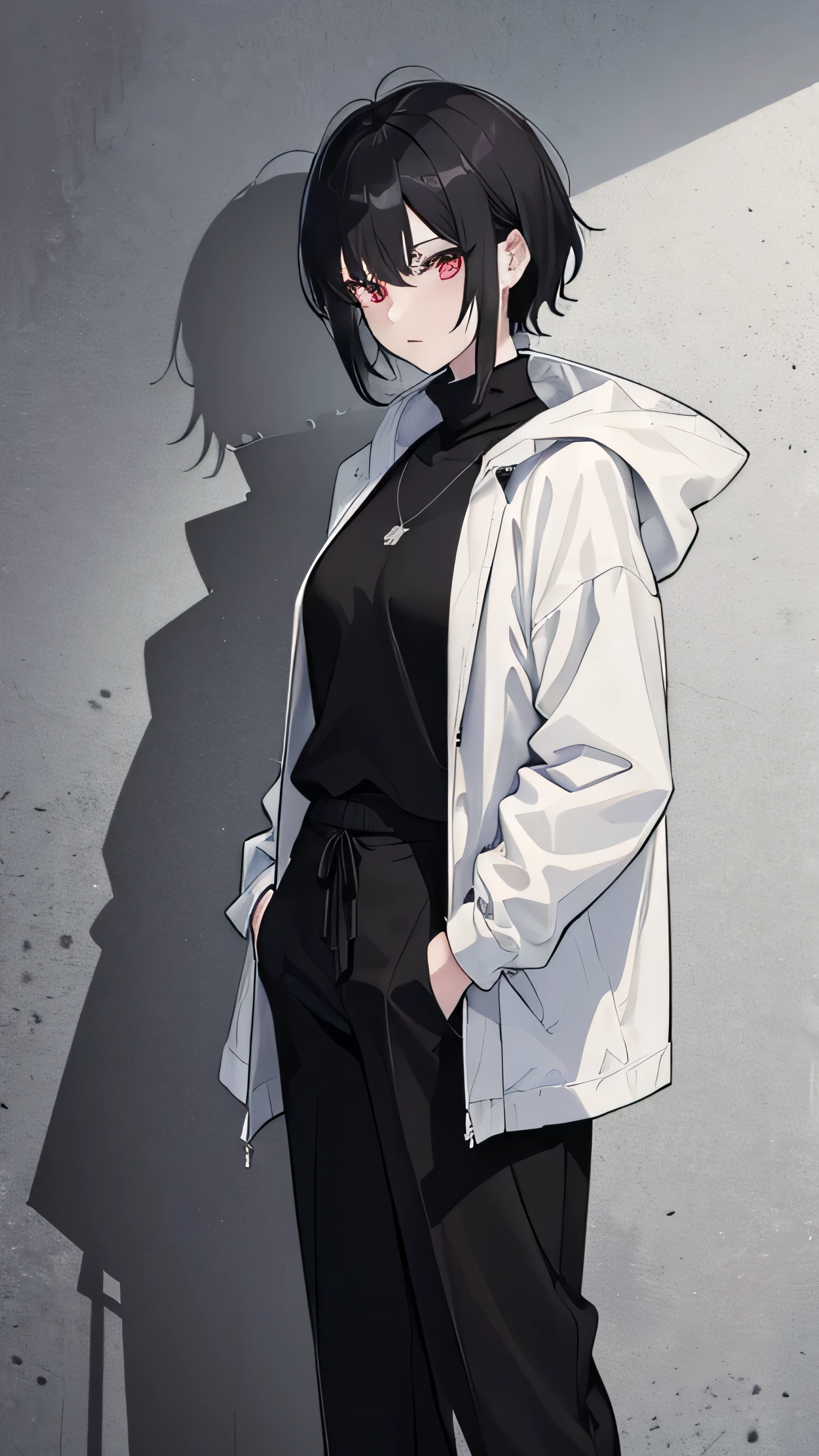 Korean woman, jujutsu kaisen, fair-skinned, messy short hair, black hair, sleek eyes, grunge, aesthetic, dark aesthetic, ominous, well-toned, muscular, mid-20s, stern, solo, messy hair, bedhead, messy strands, white sneakers, tall, tomboy, standing, messy hair, silver necklaces, drop earrings, wild hair, black turtleneck longsleve, black pants, wide turtleneck collar, akatsuki cloak