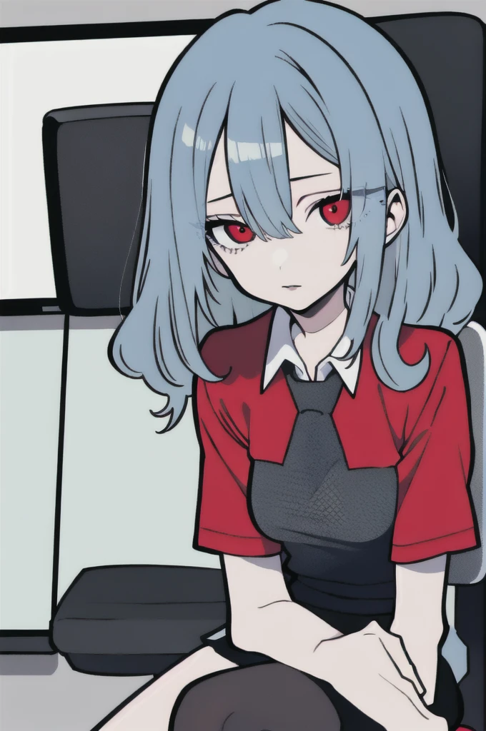 (masterpiece, best quality), a young light blue curly haired girl office secretary dressed in a red revealing shirt and black miniskirt and black fishnet ,sitting in an office chair, (detailed skin:1.3),(detailed eyes), (sharp focus), red eyes