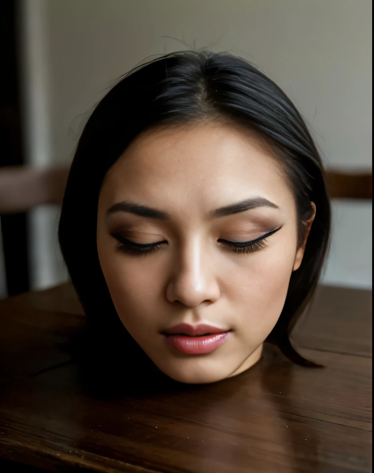 ((disembodied head on table)), asian, young, wearing makeup, extremely detailed skin texture, (eyes closed), (realistic), realistic natural lighting, (best image, best quality)