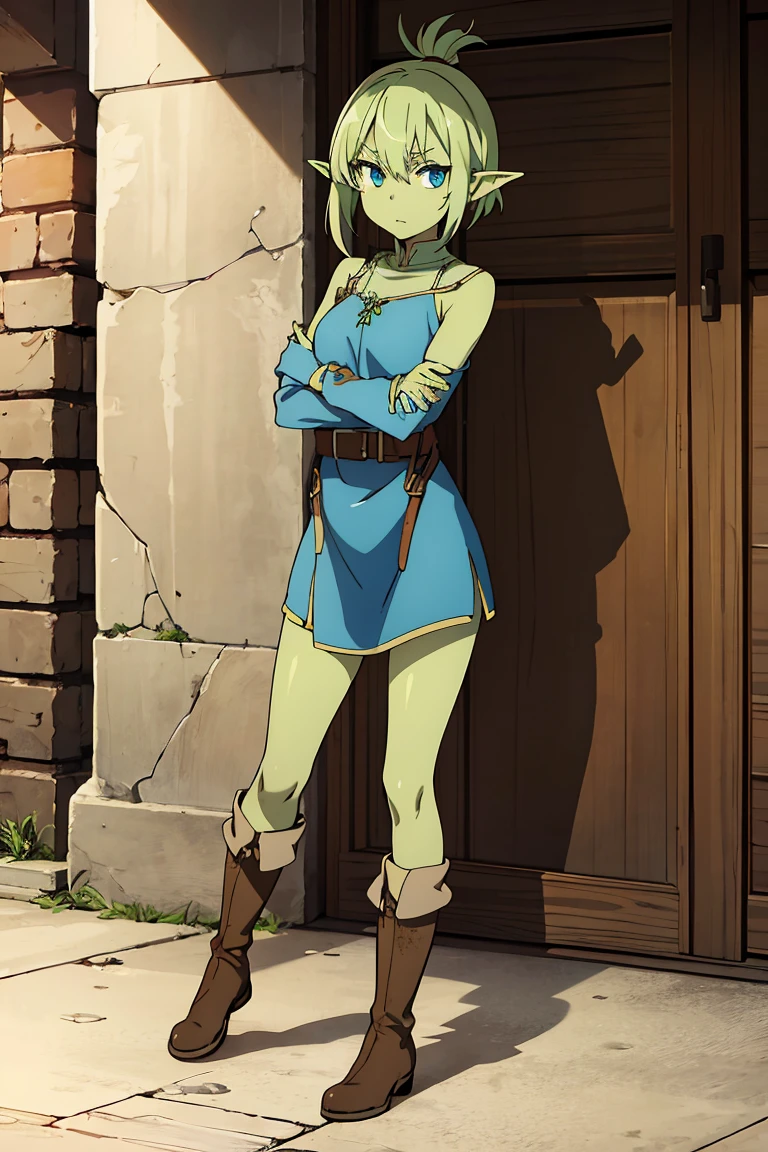 Goblin girl with a slim build, has a greenish skin tone, blue eyes, Her outfit consists of a plain brown tunic that is faded and frayed from use, worn leather boots, confident pose