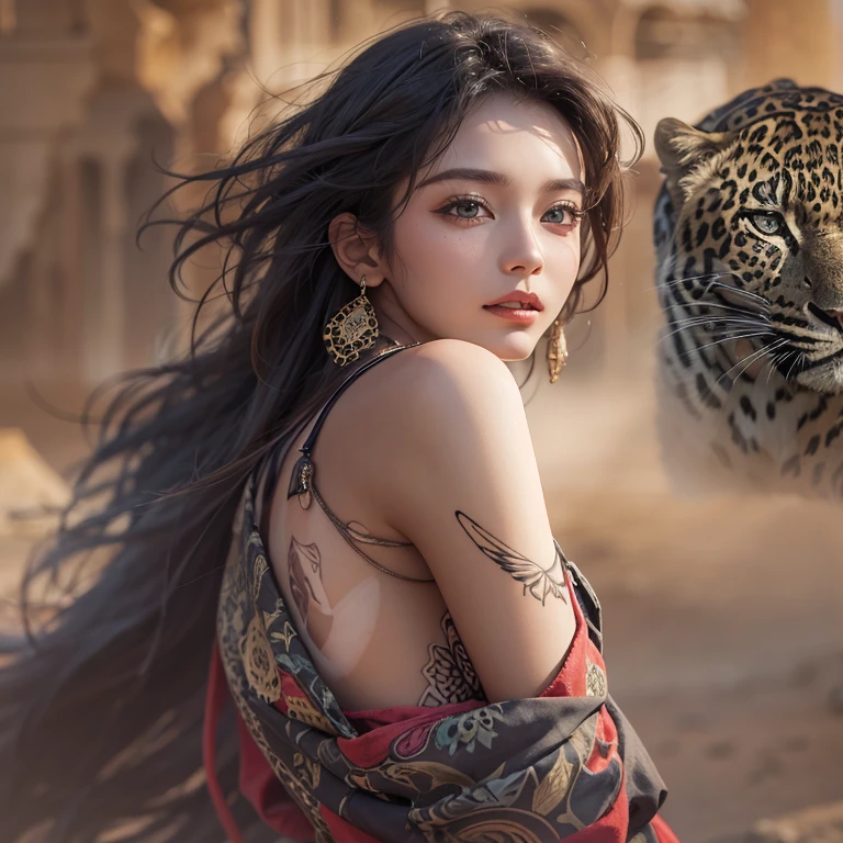 Hiding in the desert、Hair flow、 ((highest quality、masterpiece、8k、Best image quality、Ultra-high resolution、Award-winning works)、(Accurate anatomy:1.1)、(Look at me and smile:1.1)、Shining fair skin with Ultra-high resolution、The most detailed face、Ultra-high resolution detailed face、Ultra-high resolution hair、(Ultra-high resolutionのeyes :1.1)、Beautiful face drawn in every detail、(Blurred Background:1.1)、Ancient Islamic clothing, Chest to chest, tattoo, Old ruins in the background、Black leopard