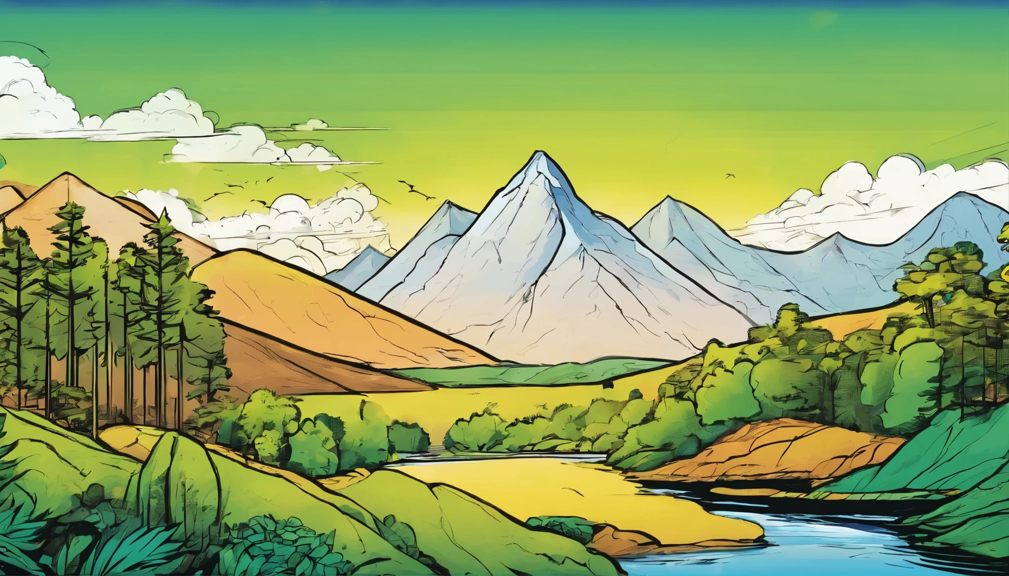 Mountains，Woods in the distance，Blue sky，​​clouds，green color，amarelo，Black lines