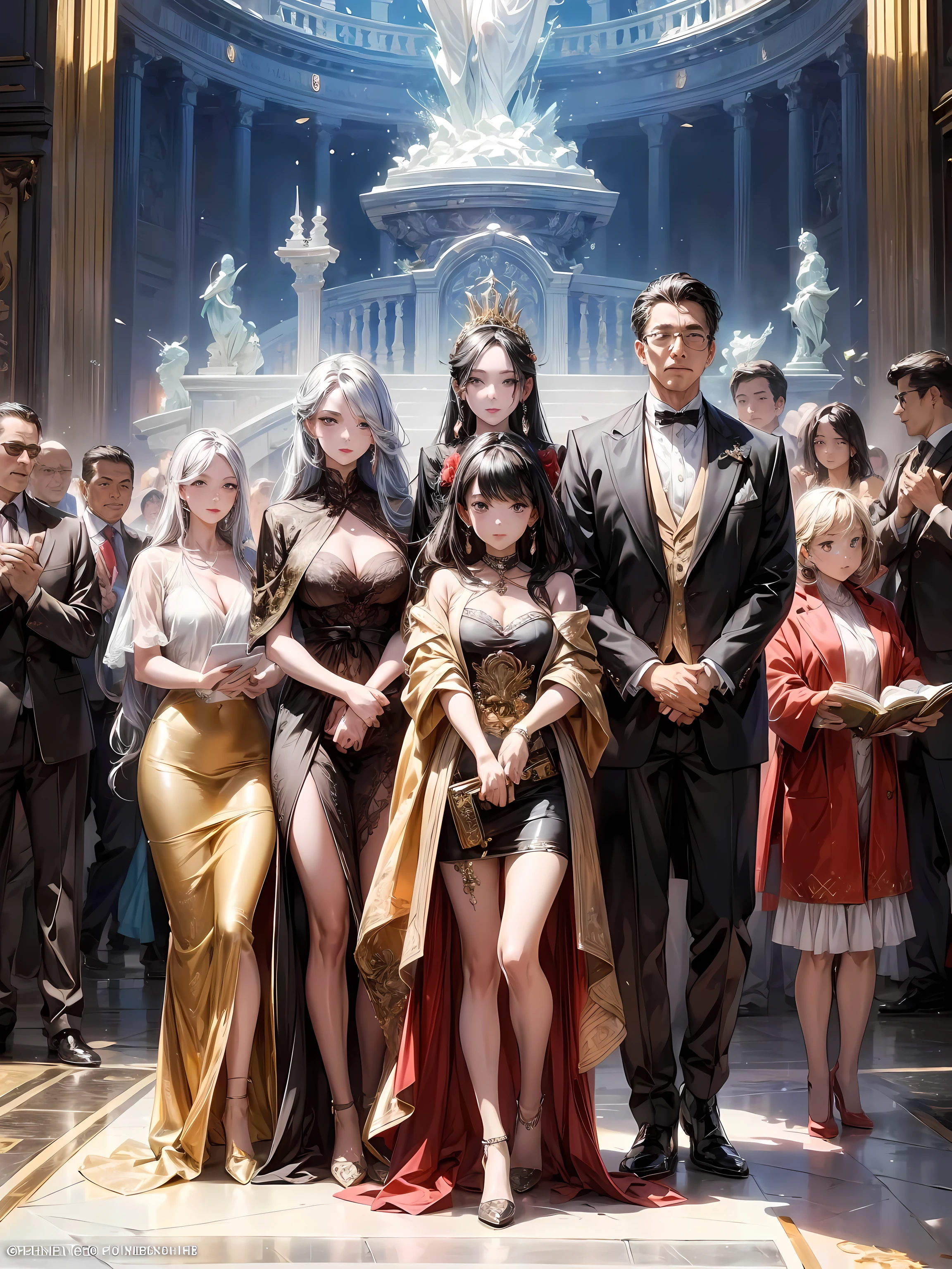 A group of wealthy people from all over the world Attend an auction., , masterpiece, Official Art, 8K, best quality, Very detailed, Exquisite facial features, Perfect face, shiny skin, , 1. A group of rich people:1.2, Attend, auction:1.2.