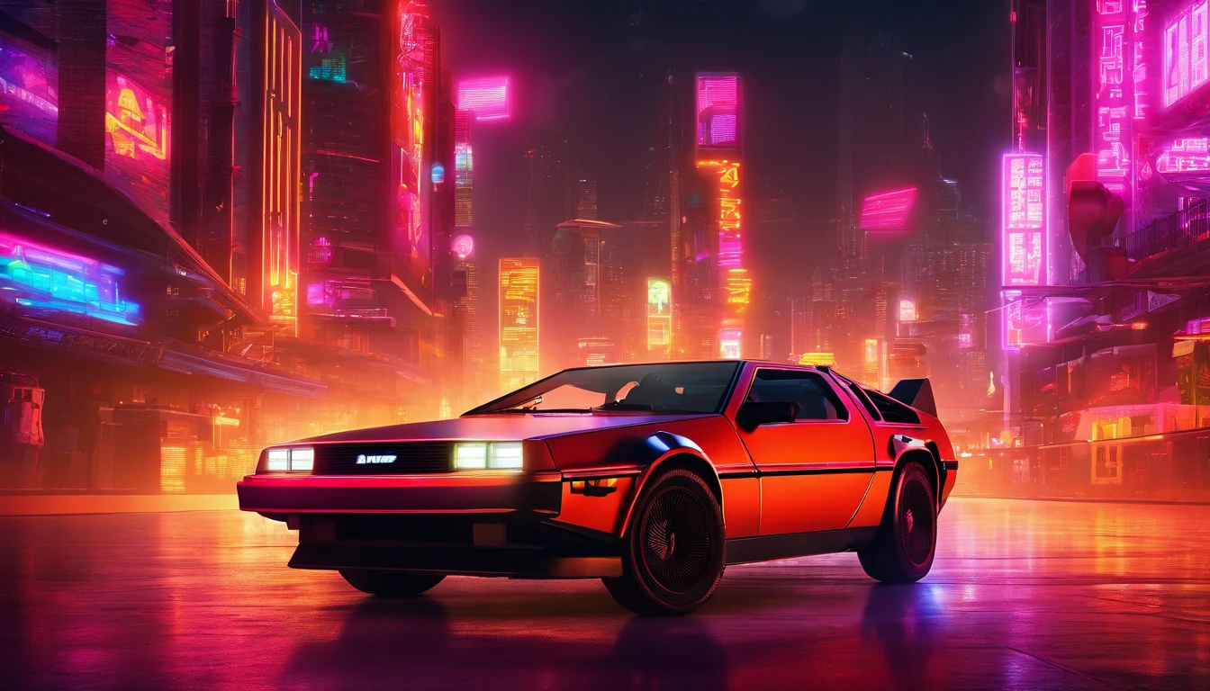 A delorean speeding in a glowing city at night