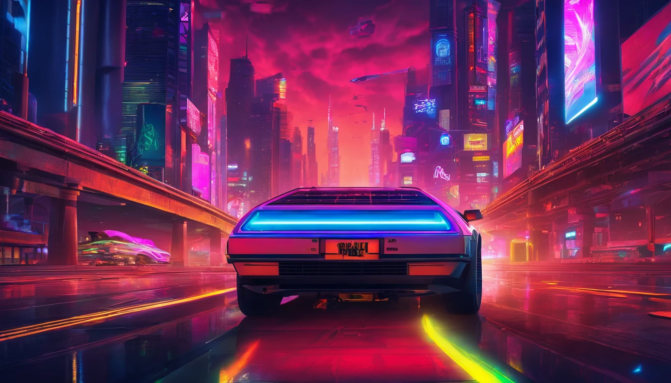 A delorean speeding in a glowing city at night