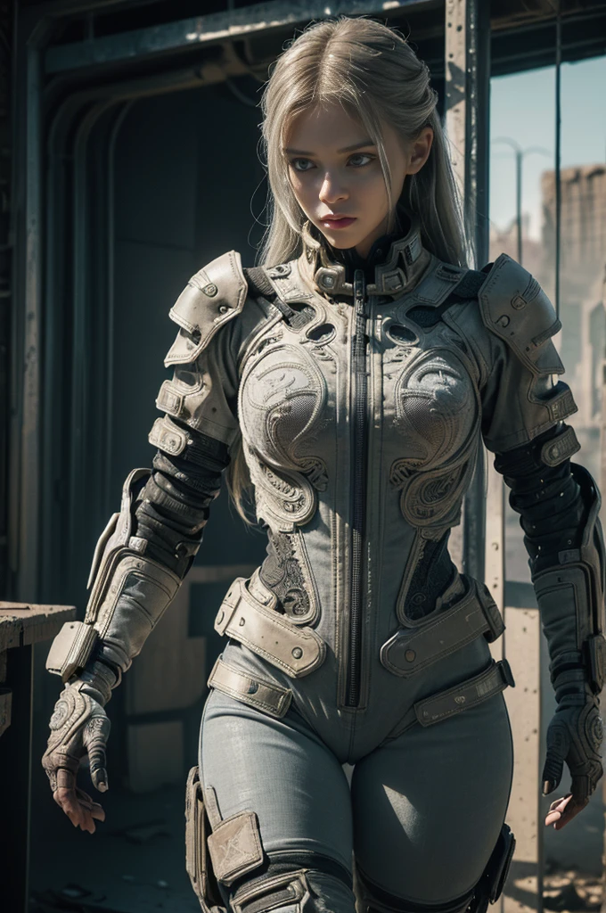 Jean Giraud, Wasteland of Doom, (woman, techwear is stylish and extremely beautiful:1.4),White tight mecha,gray long hair, (Intricate details, masterpiece, Best quality:1.4) ,Mecha Girl, nicholmory style, Dystopian style, desolate, Post-apocalyptic, depressed, drama, The content is very detailed, Looking at the audience, dynamic poses, Dynamic camera angles,