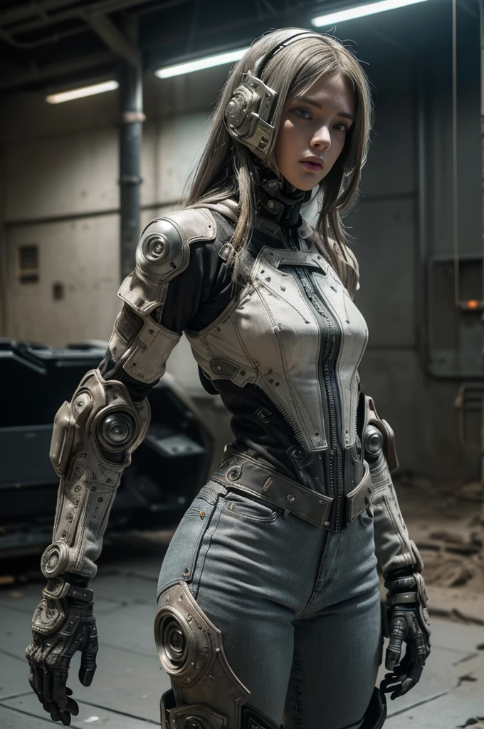 Jean Giraud, Wasteland of Doom, (woman, techwear is stylish and extremely beautiful:1.4),White tight mecha,gray long hair, (Intricate details, masterpiece, Best quality:1.4) ,Mecha Girl, nicholmory style, Dystopian style, desolate, Post-apocalyptic, depressed, drama, The content is very detailed, Looking at the audience, dynamic poses, Dynamic camera angles,