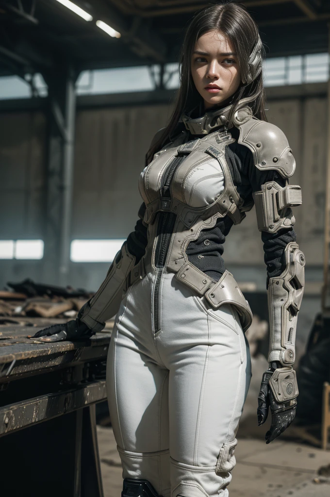 Jean Giraud, Wasteland of Doom, (woman, techwear is stylish and extremely beautiful:1.4),White tight mecha，gray long hair， (Intricate details, masterpiece, Best quality:1.4) ,Mecha Girl， nicholmory style, Dystopian style, desolate, Post-apocalyptic, depressed, drama, The content is very detailed, Looking at the audience, dynamic poses, Dynamic camera angles,