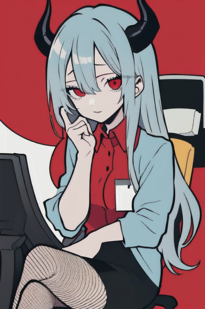 (masterpiece, best quality), a young light blue curly long haired girl office secretary dressed in a red revealing shirt and black miniskirt and black fishnet ,sitting in an office chair in a recording studio, (detailed skin:1.3),(detailed eyes), (sharp focus), red eyes, black devil horns