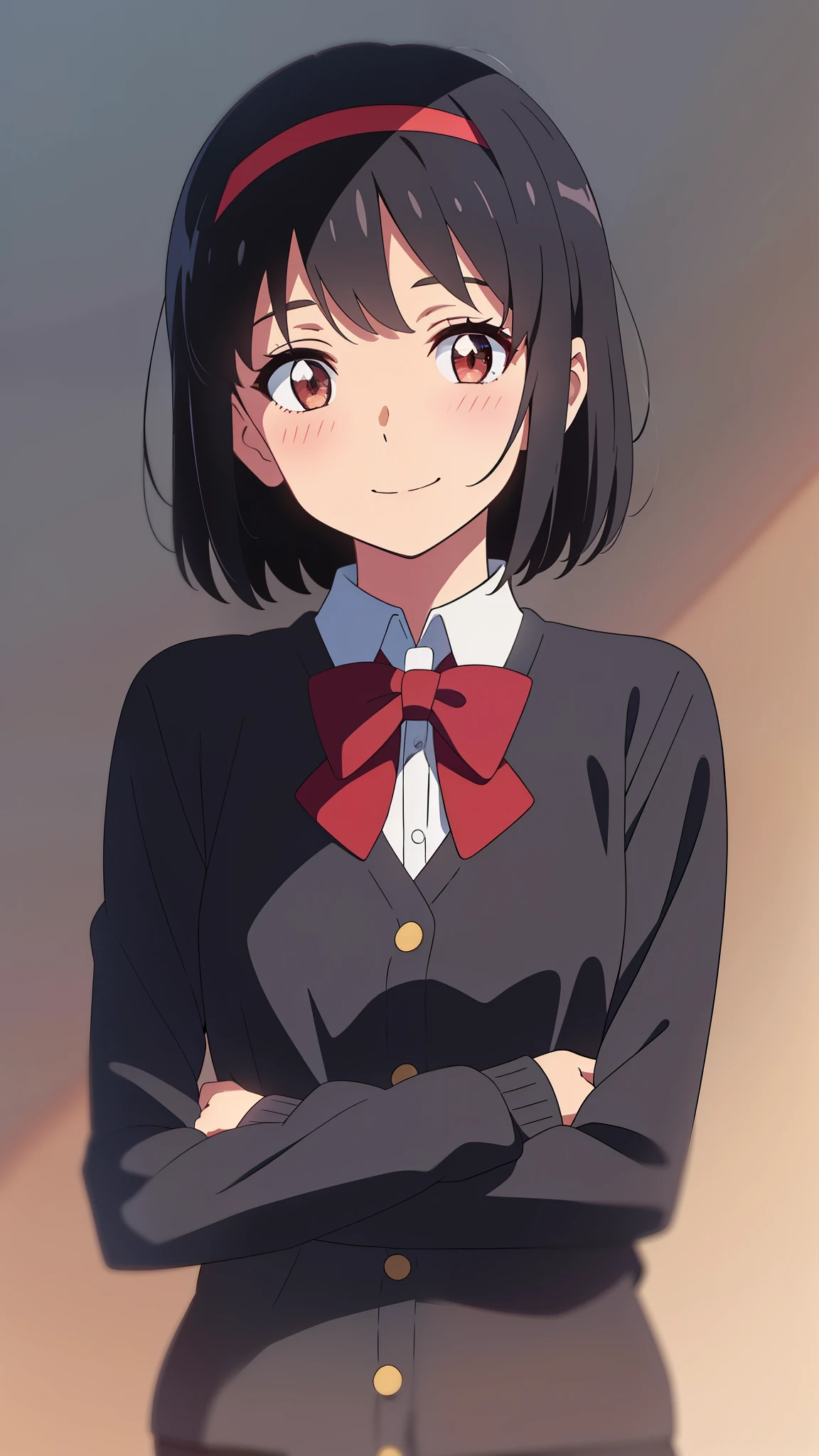 shinkai makoto, kimi no na wa., 1girl, bangs, black hair, blush, brown eyes, shinny skin, red headband, red ribbon, red bow, collared shirt, white shirt, black cardigans, looking at the viewer, short hair, cute, smile, solo, upper body, long sleeves, simple background