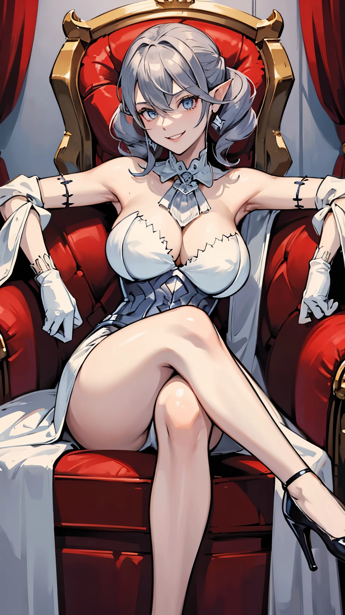 Red Throne sofa High level image quality best image quality 8K adult woman whole body view portrait pure red long gloves(elbow gloves) red long dress(slit) ears short hair((shortcut)(gray hair)(perm)(fluffy)) eye color is blue attractive evil face , face detail , smile , y pose , labrynth , erotting styles , crossed leg in detailed, view all body from side , face focus , view legs , view ankles