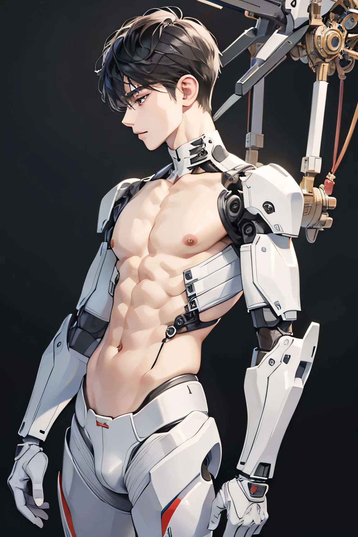 Handsome 18 year old Japanese model Very short, cropped black hair Soft Macho Half-body nudity Half of the body is mechanical parts Naked with white exoskeleton mechanical parts Attaching parts to nude
