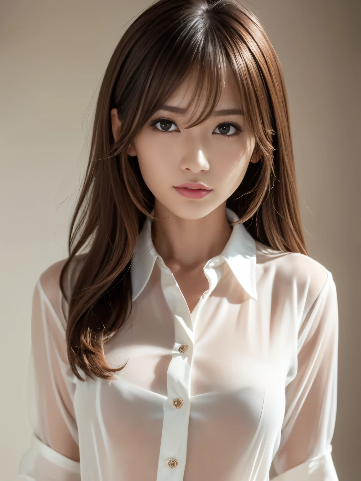 (detailed skin:1.2), (shiny skin:1.1), 8k,best quality, masterpiece, ultra high res, (photorealistic:1.4), RAW photo, (soft saturation:1.3), (fair skin:1.2), 1woman, gyaru, glamor, brown hair, medium hair, asymmetrical hair, wavy hair, asymmetrical bangs, (collared white shirt, slit tight skir:1.2), 