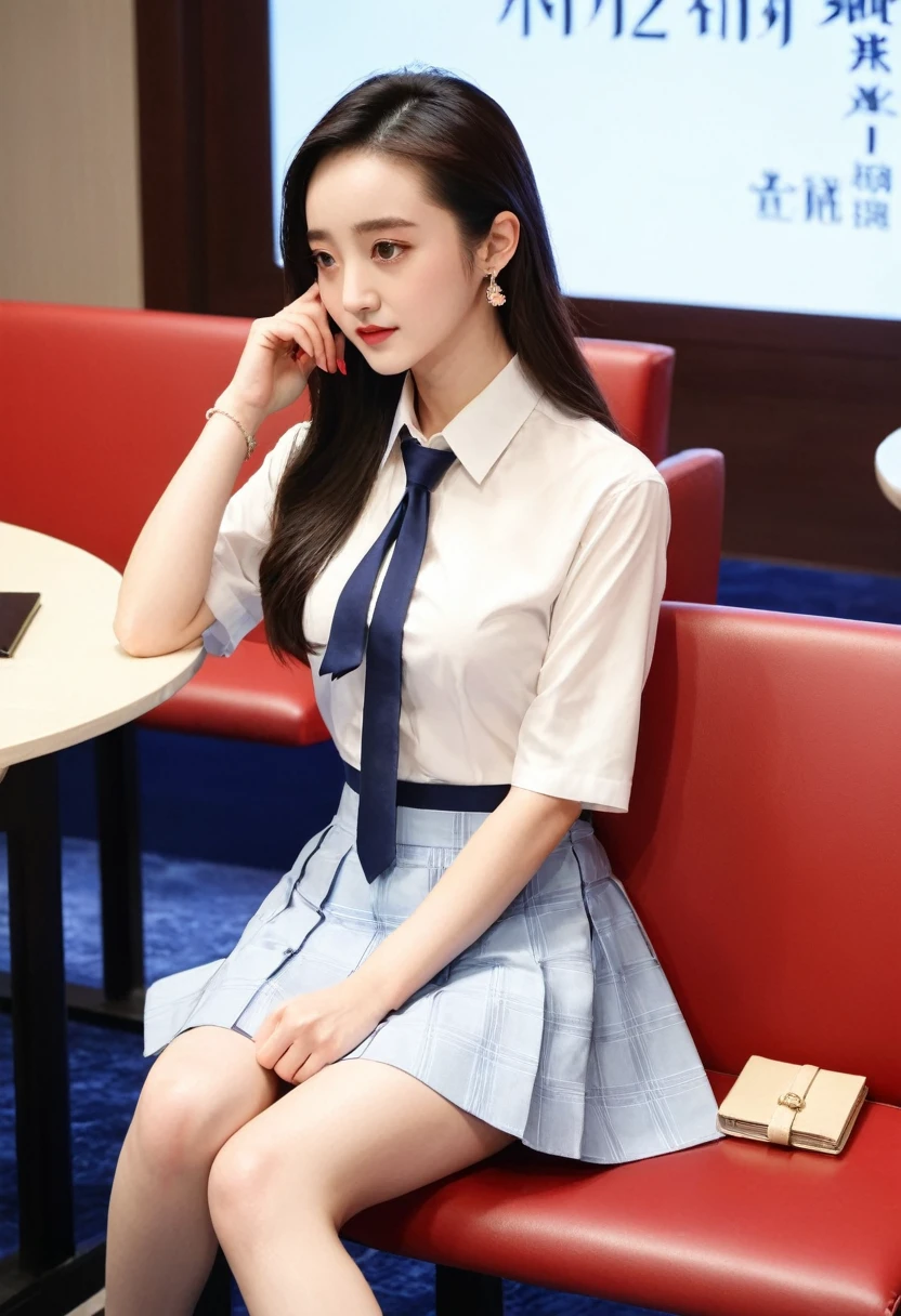 Zhao Liying,Liu Shishi,1 Girl, Solitary, long hair, breast, looking at the audience, skirt, large breast, shirt, Black Hair, Jewelry, sit, whole body, white shirt, Short sleeve, 大leg, tie, collared shirt, indoors, miniskirt, Bag, Nail polish, High heel, foot, Lips, leg, Book, lattice, foot趾, lattice skirt, Chair, sandals, Shoulder-length hair, table, Toenails, Practical, toeNail polish