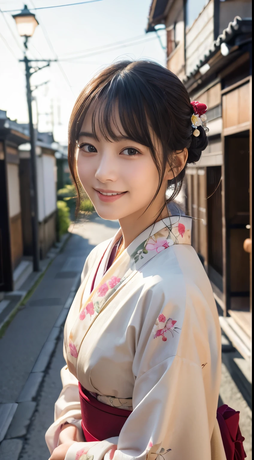 Professional Lighting,(Photorealistic:1.4), (Top image quality:1.0), (超A high resolution:1.0), 8k, Raw photography, (masterpiece:0.2), (Facing the children_v1:0.5)、(最高quality Detail:1.2)、Realistic、8K Ultra HD、High resolution、(1 girl:1.2)、超detailedな、High quality textures、複雑なdetailed、detailed、Very detailed CG、High quality shadows、detailed 美しく繊細な顔、Beautiful details and a delicate eye、(Symmetrical eyes:1.2),Written boundary depth、Ray Tracing,1 girl, Japanese Girls, (Natural smile:1.4),cute, thin, Portrait of a beautiful Japanese woman in a kimono, Standing elegantly on a street corner in Kyoto. Kimono with vibrant traditional patterns, Hair decorated with elegant and delicate hairpins, Gentle expression. (With the old streets of Kyoto in the background:1.4)、The soft light of a spring afternoon、Adding tranquility to the scene. Rendered in a Realistic style with great attention to detail, High resolutionの画像.Sky Porn, Magic Hour, (Realistic:1.3), finely, quality, (Tabletop:1.2), (Realistic:1.2), (最高quality), (複雑なdetailed), dramatic, Ray Tracing, photograph, +roller