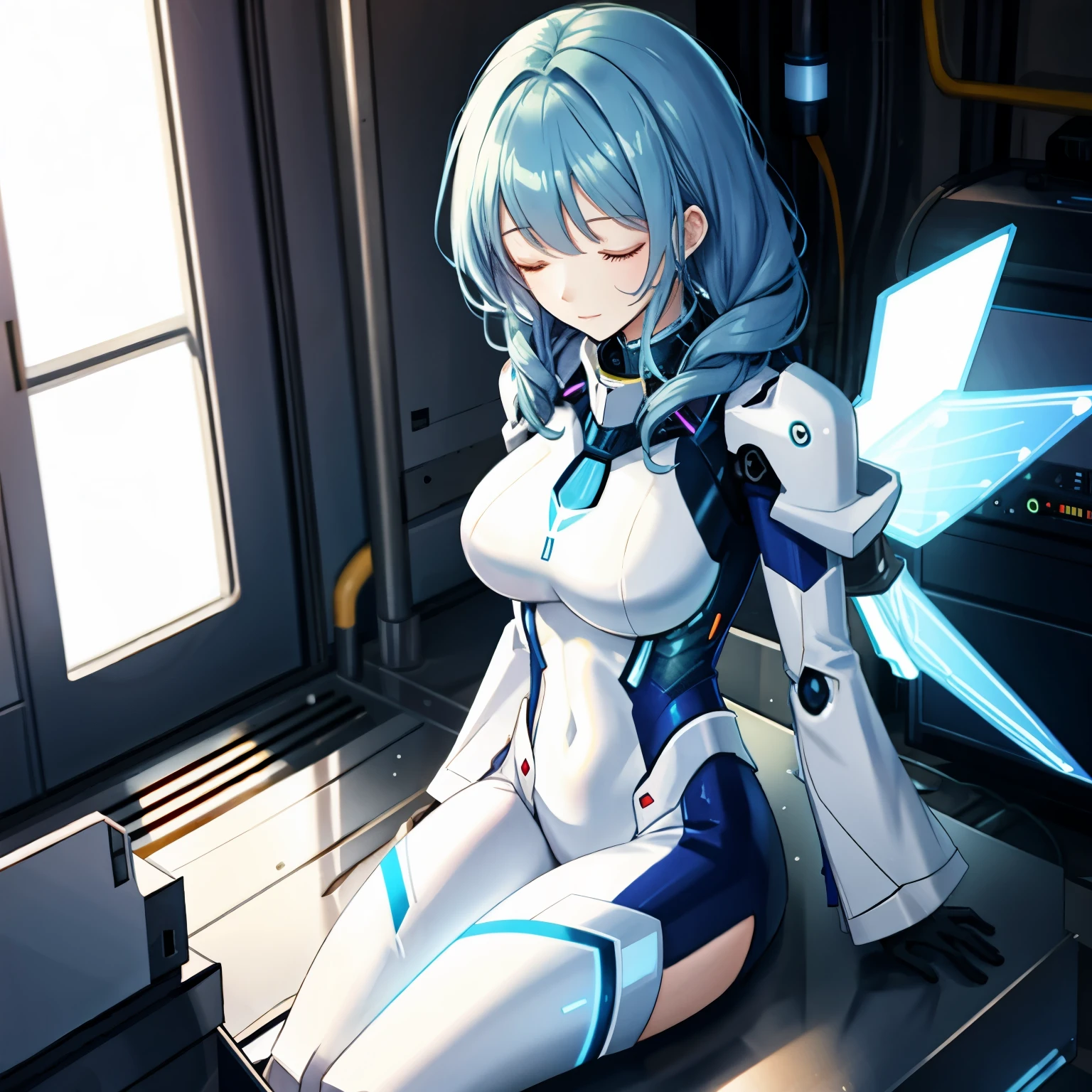 (Sitting and sleeping soundly1:2), (Under maintenance. Tube connected1:2),　 BREAK ***theme；***A mecha girl is in deep sleep during maintenance (connected by code. In the maintenance room)***
BREAK
Number of Characters: **One**
BREAK
Facial Details: **Eyes are large and blue. The mouth has a gentle smile.**
BREAK
Motion Details: **She is in deep sleep, breathing steadily.**
BREAK
Emotion: **Peaceful**
BREAK
Perspective: **From above at an angle**
BREAK
Composition: **The mecha girl is drawn in the center, surrounded by maintenance equipment.**
BREAK
Background Details: **Maintenance room. The walls are lined with monitors and equipment.**
BREAK
Costume Details: **The mecha girl's costume is a futuristic and sophisticated design. The metallic colors of silver and blue are characteristic, and these colors symbolize her calmness and intelligence. The costume beautifully emphasizes the lines of her body, while at the same time providing functionality that maximizes her combat capabilities. There is a glowing core in her chest, which indicates that it is her energy source. Her arms and legs are armored, each with a high-tech weapon system built in. Also, mechanical wings extend from her back, giving her the ability to fly. This costume perfectly expresses the strength and beauty of the mecha girl.**
BREAK
Costume Tags: **Futuristic, Sophisticated Design, Silver, Blue, Metallic, Calm, Intelligent, Body Lines, Combat Capabilities, Glowing Core, Energy Source, Armored, High-Tech Weapon System, Mechanical Wings, Ability to Fly, Strength, Beauty**
BREAK
Body Type: **Slender, yet muscular (abs).**
BREAK
Wings, Horns, Tails: **Mechanical wings are attached to her back.**
BREAK
Hair Style and Color: **Long hair, the color is light purple.**
BREAK
Light and Shadow: **Soft light from the indoor lighting. Shadows are reduced, and details are drawn down to the fine points.**
BREAK
Possessions: **None in particular.**
BREAK
Weapons: **None in particular.**
BREAK
Other (All elements that