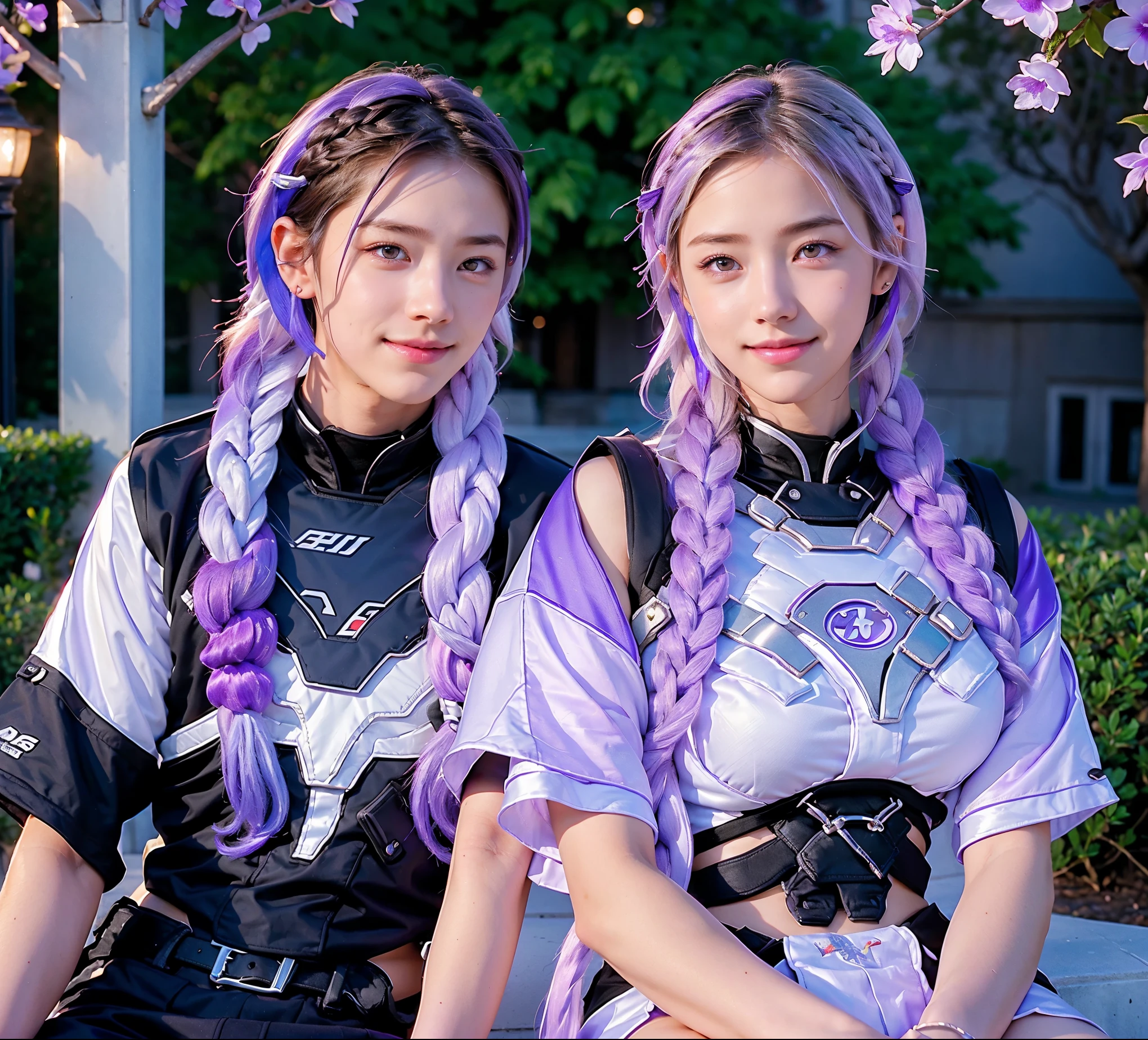 A boy and (Girl with purple and white gradient double braids) Sit side by side, young, campus background, and sunlight pours down, Fresh and natural, Sweet smile, Exquisite and detailed, Rich in details, High quality depiction, Extremely detailed, Bright colors, portrait, Landscape lighting