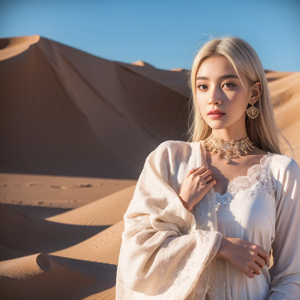 (highest quality、masterpiece、8k、Best image quality、Ultra-high resolution、Award-winning works)、A beautiful white-haired woman watches us from afar in the desert, Where light shines from the moon.、Ancient Islamic clothing、Beautiful face drawn in every detail, There's a real wolf next to her