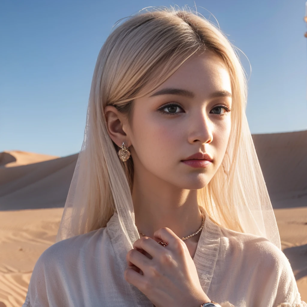 (highest quality、masterpiece、8k、Best image quality、Ultra-high resolution、Award-winning works)、A beautiful white-haired woman watches us from afar in the desert, Where light shines from the moon.、Ancient Islamic clothing、Beautiful face drawn in every detail, There's a real wolf next to her