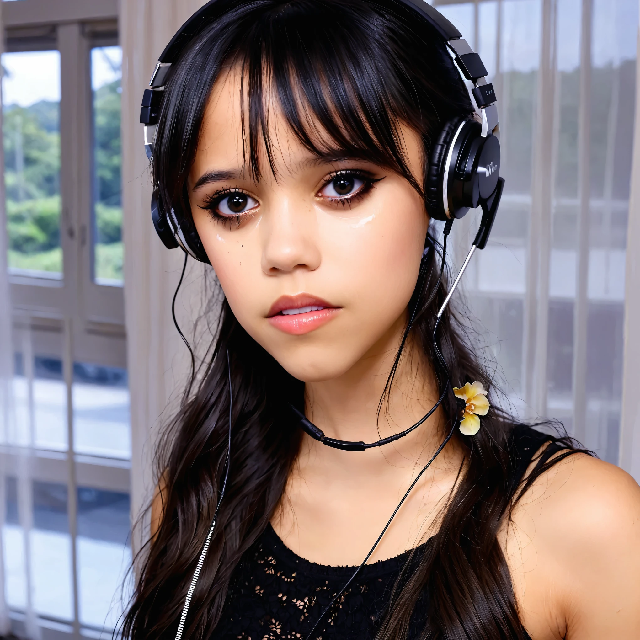 Jenna Ortega with headphones standing in front of a window, Sie hat schwarze Haare mit Pony, Jenna has tears in her eyes running down her face, crying style, Detailierte augen, perfektes Gesicht!!!, ihr Gesicht sieht aus wie eine Orchidee, beautiful latina face, pretty face!!, perfektes Gesicht!!, sie sieht aus wie eine Mischung aus Grimes, Very pretty face, Wunderpretty face