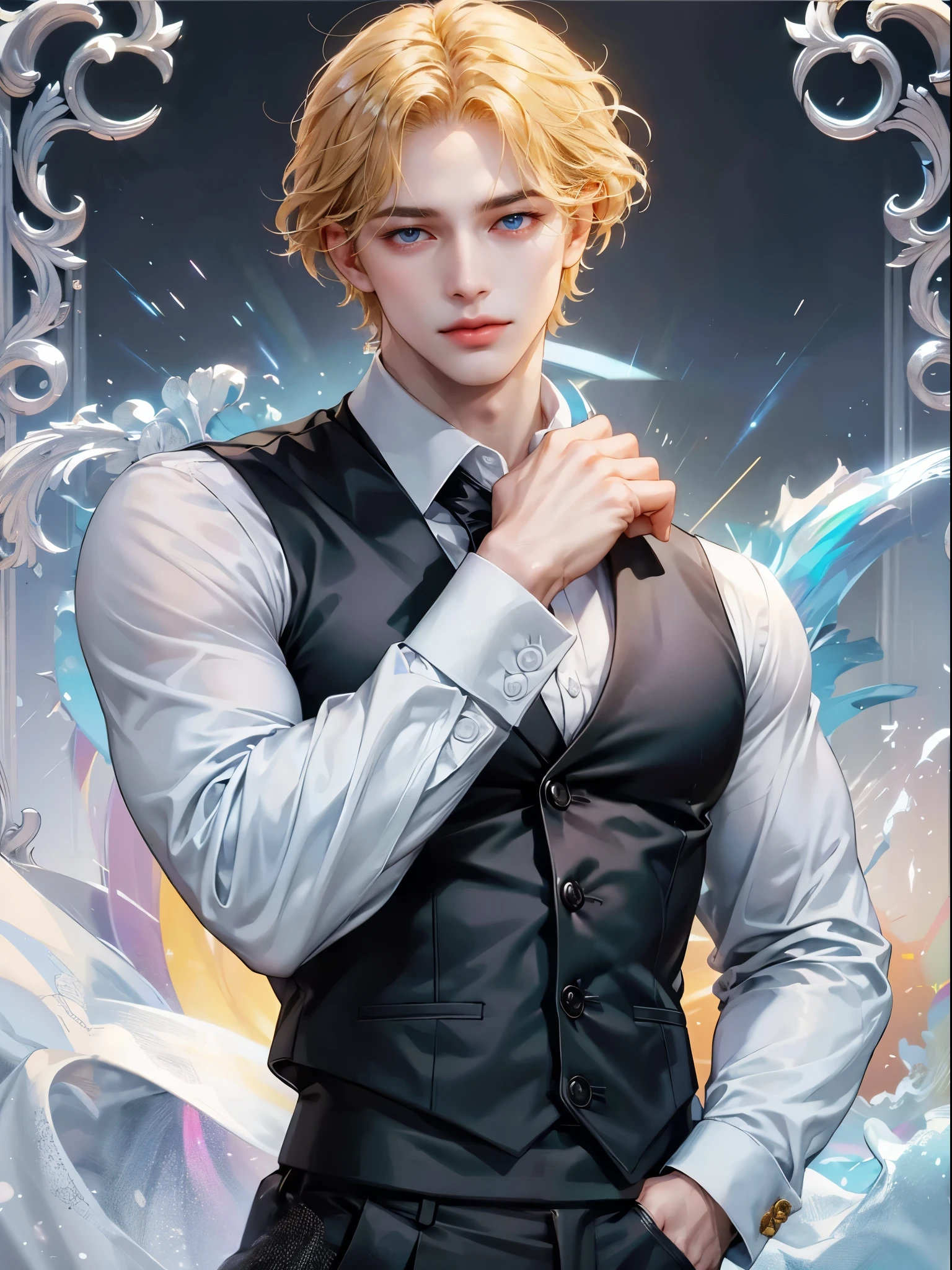 He wears white shirt with black vest. Handsome guy, detailed eyes, detailed face, detailed hands. He has his hand in his pocket. Background a rainbows