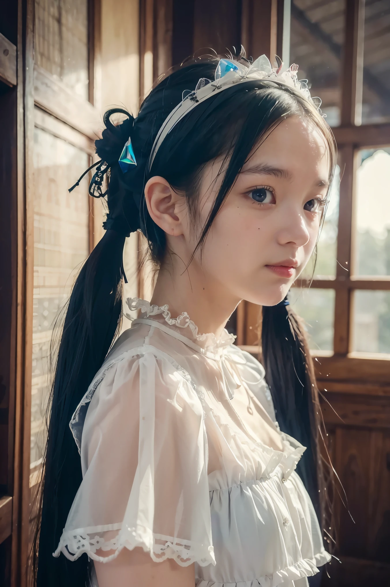 (1girl),gothic,twintails,white hair, organza lace,Gorgeous and fussy clothes,gothic, flying, blue, (colorful), bold strokes, gradient blends, motion blur, shimmering textures, dynamic composition, atmospheric perspective, impressionistic, , (masterpiece), (best quality), Amazing, (beautiful detailed eyes), (finely detail), Depth of field, extremely detailed CG, original, extremely detailed wallpaper, (vivid colors), cinematic lighting,  (colorful), blush,