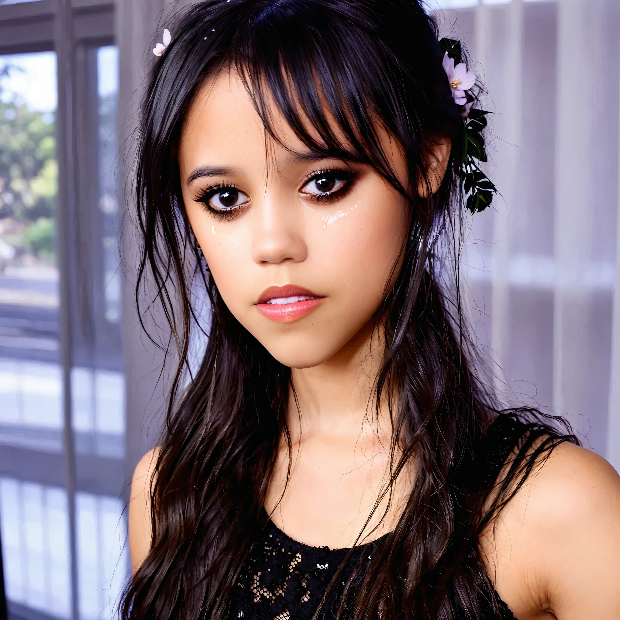 Jenna Ortega steht vor einem Fenster, Sie hat schwarze Haare mit Pony, Jenna has tears in her eyes running down her face, crying style, Detailierte augen, perfektes Gesicht!!!, ihr Gesicht sieht aus wie eine Orchidee, beautiful latina face, pretty face!!, perfektes Gesicht!!, sie sieht aus wie eine Mischung aus Grimes, Very pretty face, Wunderpretty face