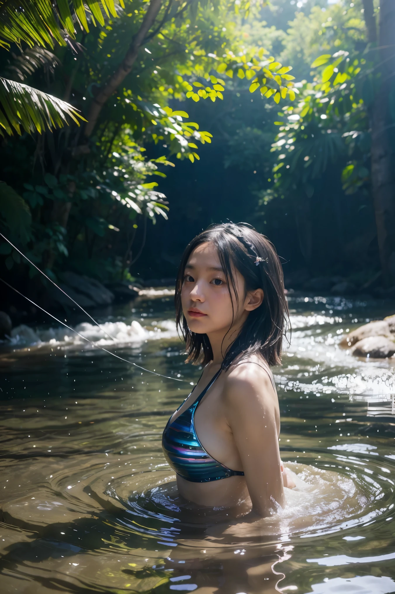 maozonia indigenous girl, 18 years old, bathing in a river, in the middle of the forest, a jaguar watching from afar, sad, Clockpunk, Gamercore, street level view, Blender rendering, 100mm, Sculpture, iridescent colors, Medicalcore, strobe lighting, ultra realistic, photorealistic, octane render, unreal engine, hyper detailed, volumetric lighting, hdr, octane render, fantasy 4k 8K