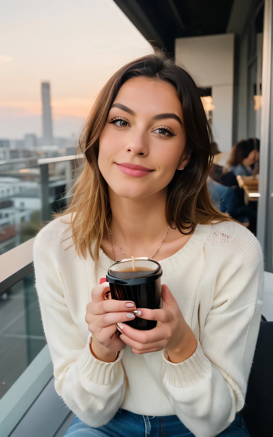 Sweet beautiful blonde with yellow sweater (Drinking coffee in a modern cafe at sunset), sehr detailliert, 14 Jahre alt, unschuldiges Gesicht, naturally wavy hair, blaue Augen, High Resolution, Meisterwerk, Best quality, komplizierte Details, sehr detailliert, scharf Fokus, detaillierte Haut, realistische Hauttextur, Textur, detaillierte Augen, professionell, 4k, charming smile, aufgenommen mit Canon, 85 mm, Light Depth of Field, Kodak Vision-Farbe, perfectly fitting body, extrem detailliert, Foto_\(Ultra\), fotorealistisch, realistisch, Nachbearbeitung, maximale Details, Rauheit, echtes Leben, Ultrarealistisch, Fotorealismus, Fotografie, 8k uhd, Fotografie