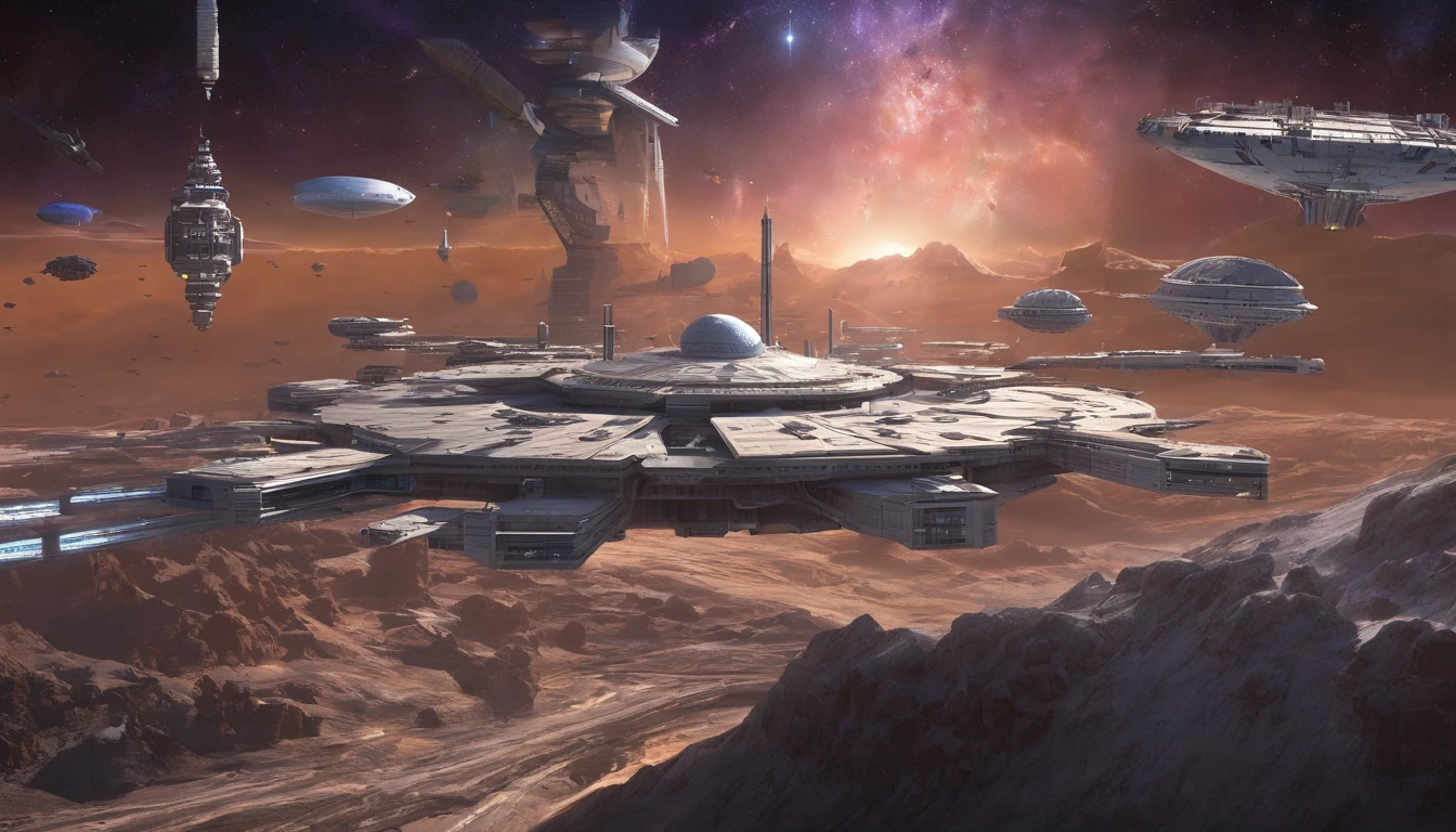 (((The space station is massively bigger than Babylon 5, but in the shape of Deep Space 9))). (((The space station has 6 O'Neal Class space stations off in 5 different equilateral directions, & 1 down the middle))). It's 10 times bigger than Saturn, and generates it's own power. There are hundreds of starships going to & fro, from the station, at any hour of the day. The station is in the center of the foreground. There are many stars, a nebula, and a comet, in the background. (((Use the following styles:conceptual art, protovision,3d render, architecture, portrait photography, cinematic, diamond, alienWalter Matt Jeffries, Issac Asimov, Stanley Kubrick, and Larry Niven))).