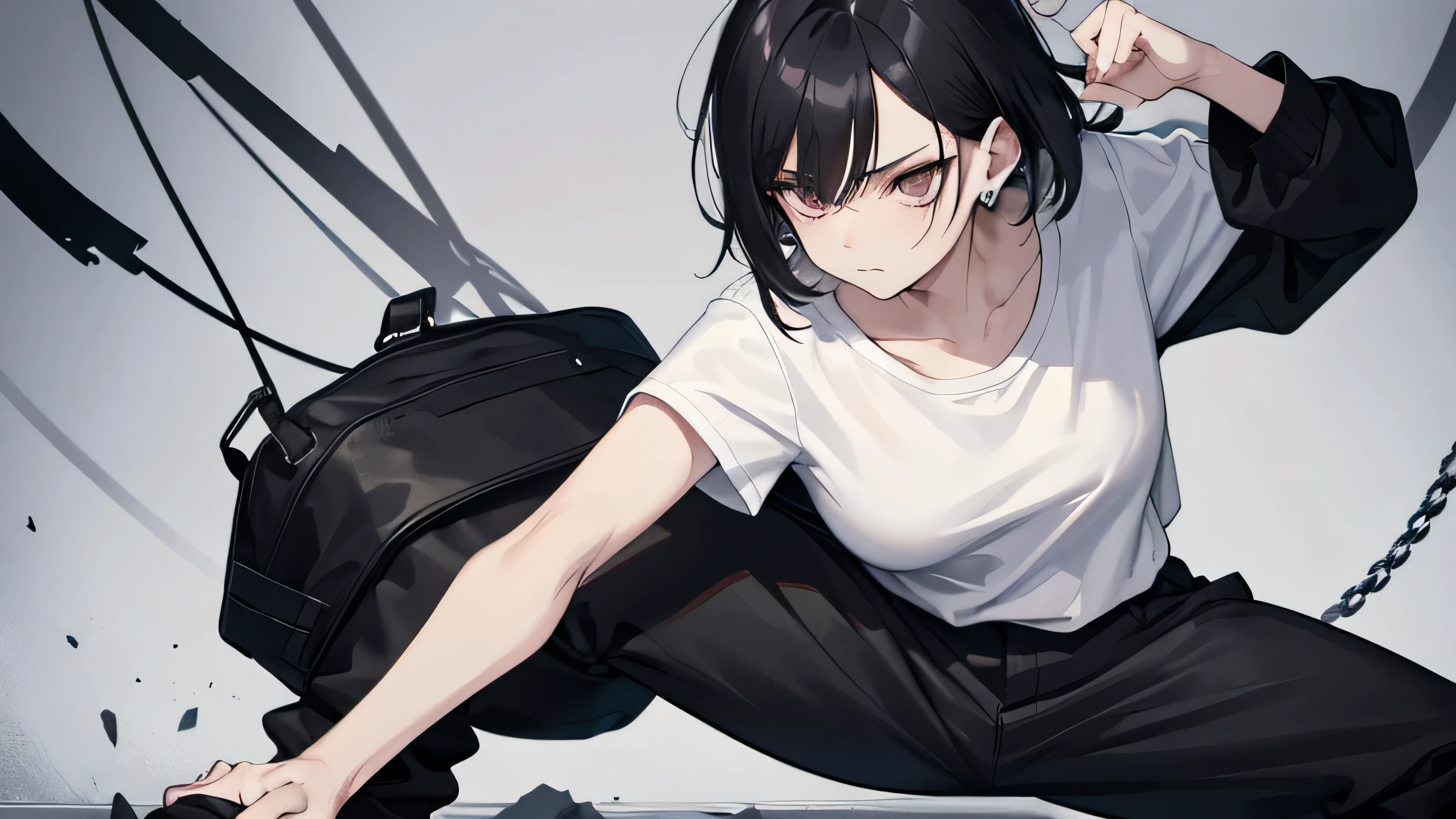 Korean woman, jujutsu kaisen, fair-skinned, baggy white t-shirt, baggy black khakis, messy short bob, black hair, sleek eyes, grunge, aesthetic, dark aesthetic, ominous, well-toned, muscular, mid-20s, stern, solo, messy hair, bedhead, messy strands, white nike sneakers, tall, tomboy, standing, black baggy khakis, cargo pants, messy hair, silver necklaces, drop earrings, fighting stance, closeup, white t-shirt