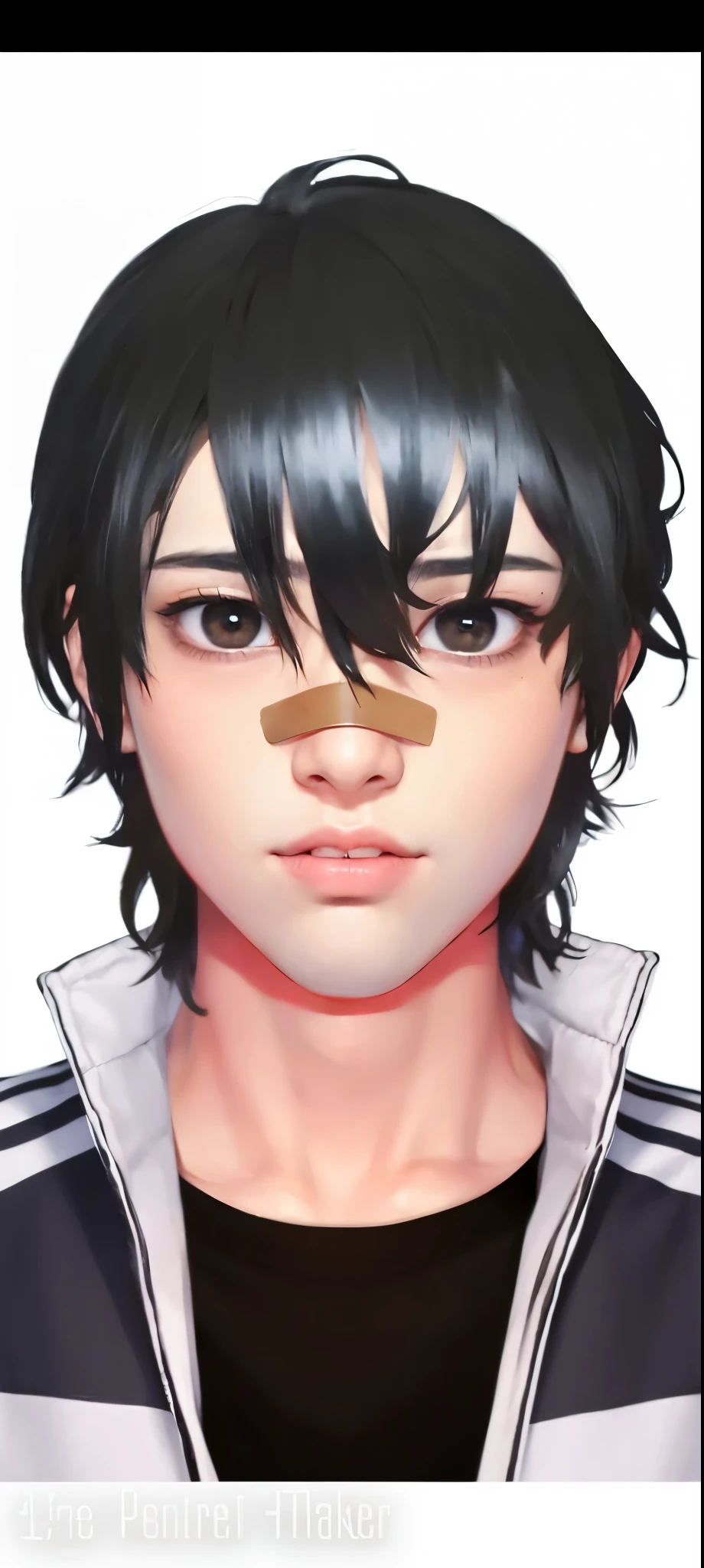 a japanese teenage boy (17 years old). dark black hair that reaches his sholders in a mullet cut that kind of covers his eyes a little, deep & intense black piercing eyes with a hint of brown, pale skin, beauty mark under his lip on the left side of his face and another one under his right eye, unbothered yet menacing expression sort of like a black cat