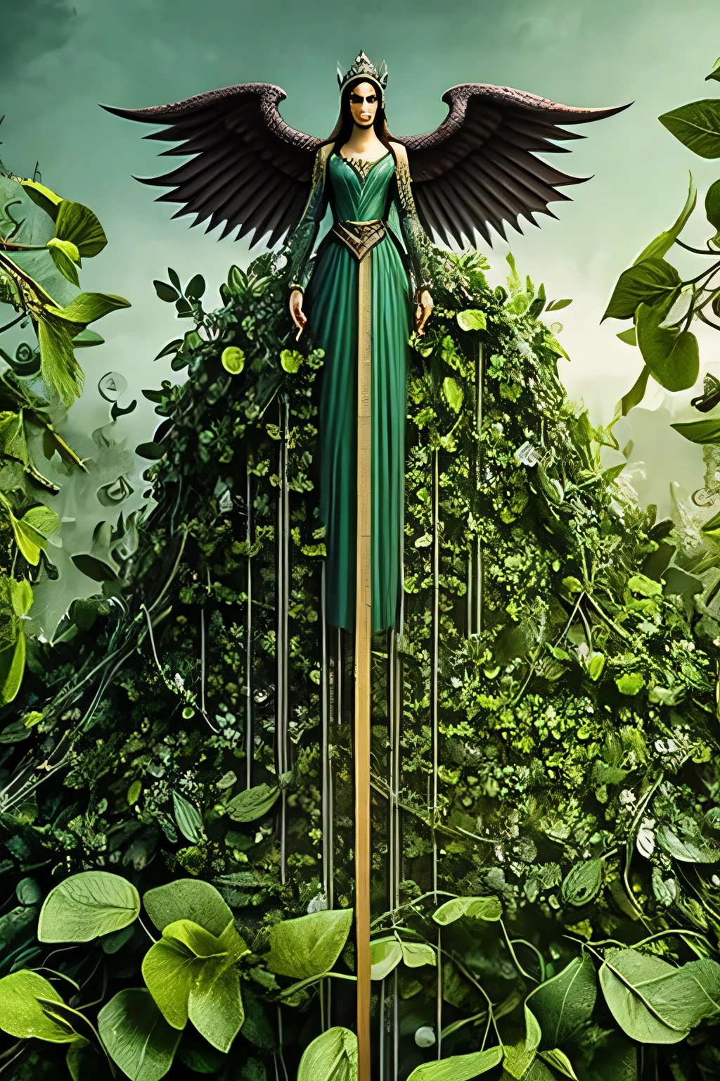 ultra-detailed masterpiece that shows the angel of protection, organic green armor, made with leaves, vines, mint leaves, sage leaves, big mysterious hood, holding sword in the hands, More Detail, 4k, fr4ctal4rmor, best resolution, hyper-realistic, close-up image, best quality image, botanic vintage illustration style ,ABMavatar