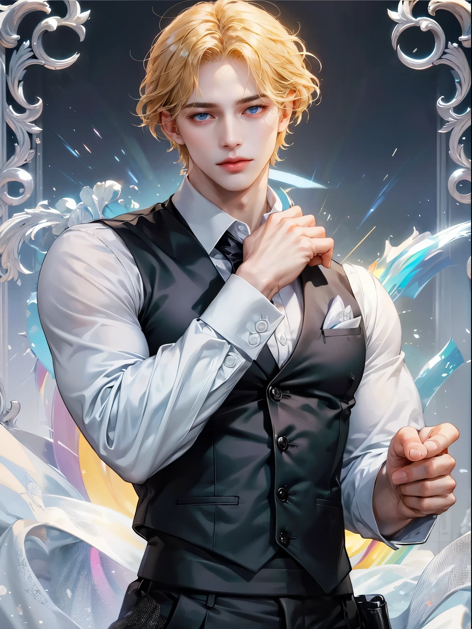 He wears white shirt with black vest. Handsome guy, detailed eyes, detailed face, detailed hands. He has his hand in his pocket. Background a rainbows