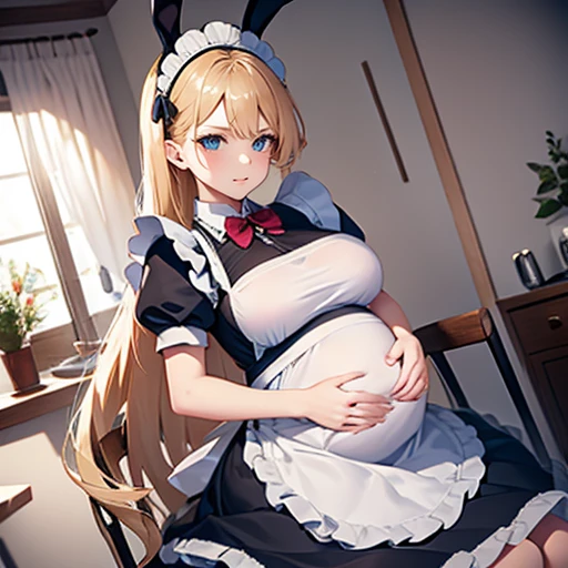 Beautiful pregnant motherly maid, mature, bunny ears, motherly pose, maid dress,