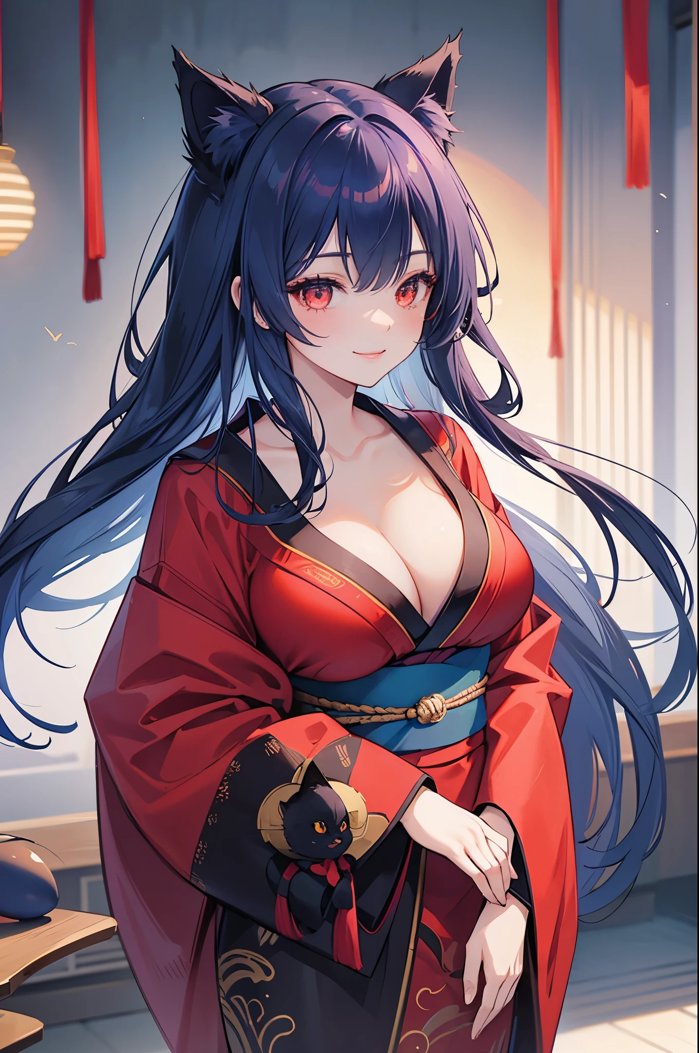 1 woman,adult,25 years old,Long blue hair, smile,red inner hair, wing-shaped hair, very big breasts, red kimono,Cleavage visible,Black cat ears