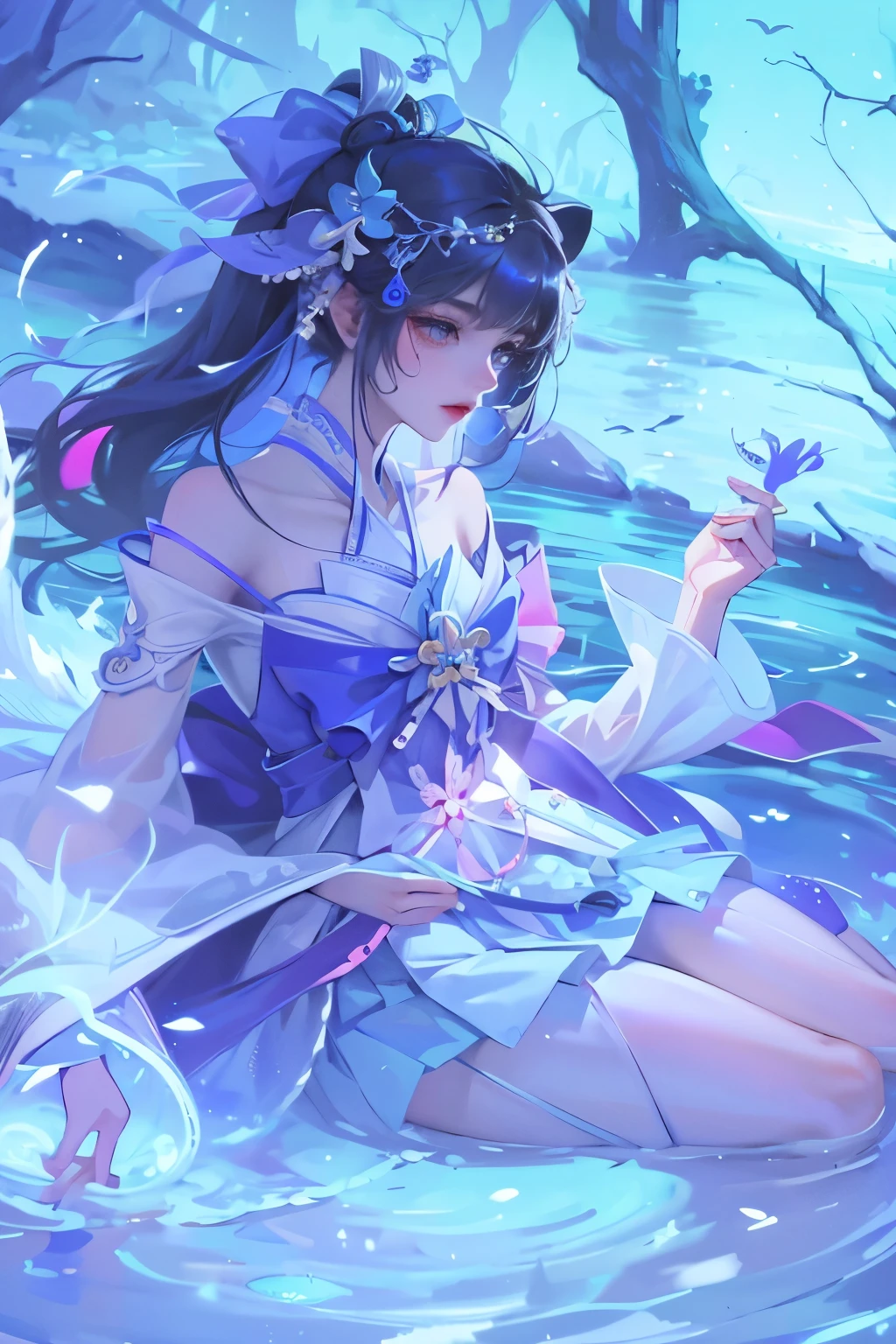 1 girl,Shimizu,Blue Butterfly,Pure white gauze skirt,shiny,Upper body close-up