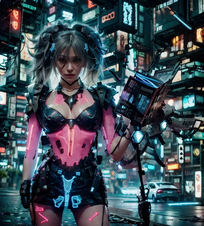(Photorealistic:1.4) 1 beautiful girl, (((cyberpunk grey armour technological with blue neon decourations))), ((blonde straight hairs)), ultra beautiful cute, perfect, with a book that emits purple lightnings, 12k, UHD, PHOTOREALISTIC, ULTRA REALISTIC, raw photo, insane details, masterpiece, ((babe gorgeous  the most beautiful in the world))