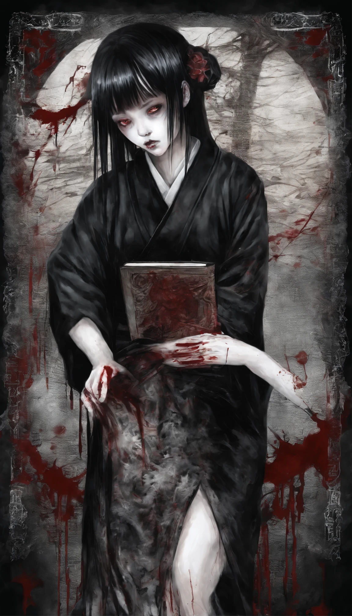 15 year old Japanese girl,Black hair and black eyes,in a kimono、short cut、Having a book、blood all around, cute face girl, Smile, Bleeding eyes, Bleeding from the nose and mouth, Evil smile
