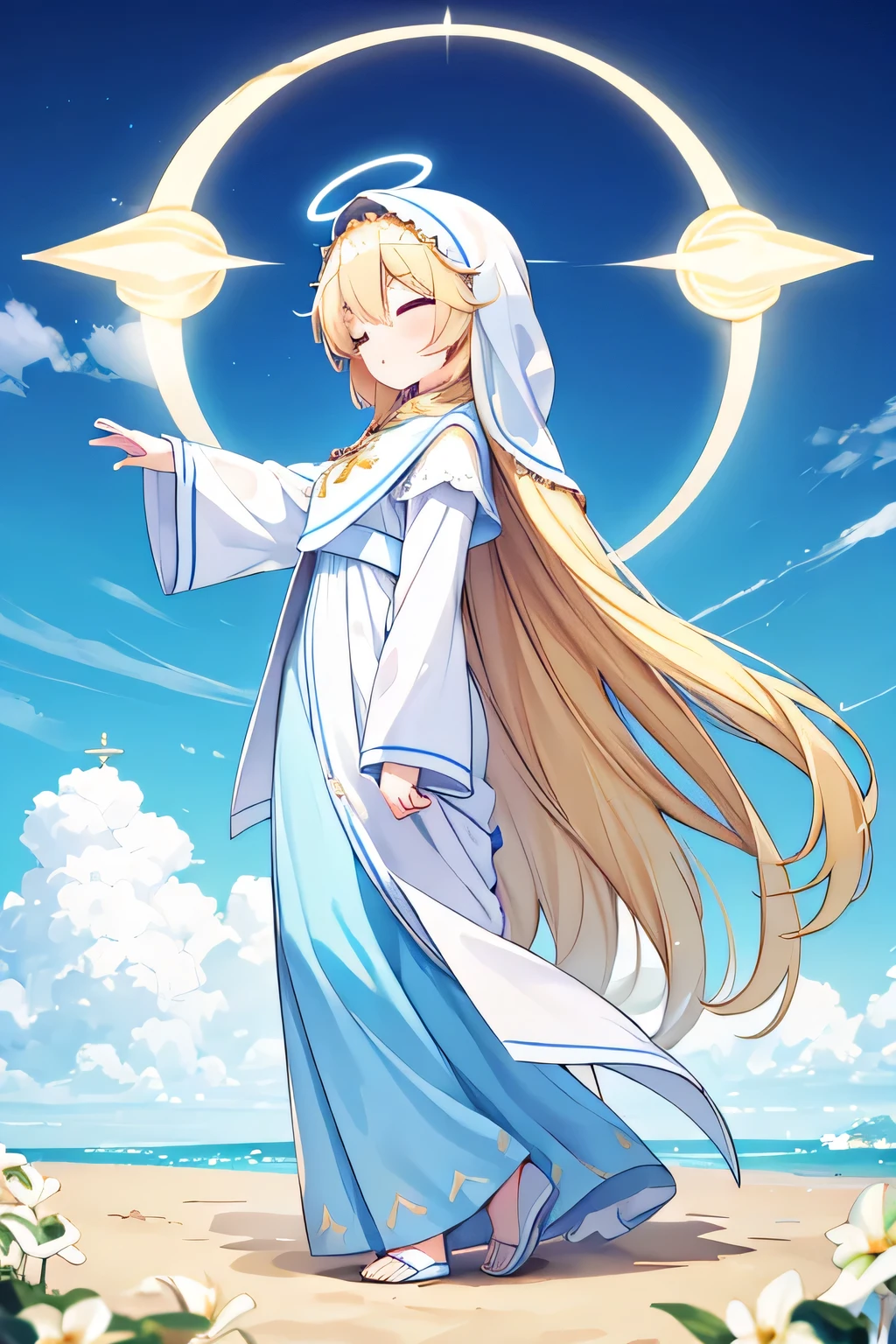 virgin_mary, sky, cloud, goddess, blonde hair, long hair, pray hand, wearing hijab, blue and white clothes, sun on head, halo on head, 8k resolutions, face close eyes, virgin mary, goddess, full body, 1girl, camera from side