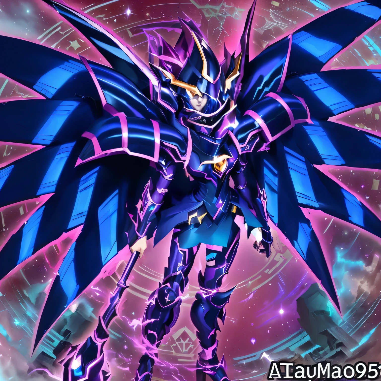 un primer plano de una persona con un ala muy grande, yugioh art style, estilo yugioh, obra de arte de yugioh, yugioh card, yugioh, ultra mega super hyper detail, aura de oscuridad, Chica Maga Negra, Hyper Ultra detallado,  ⃣ → Dark Spectrum Prime, aura oscura, Hermosa chica maga oscura, demon black blue purple, galactic deity