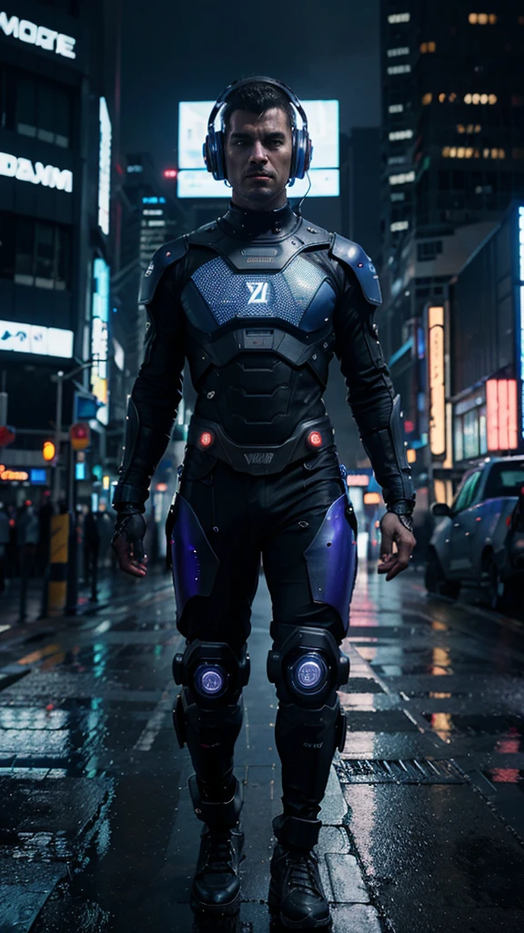 a cyberpunk futuristic man, wearing an amazing dress, awesome headphones helmet, extremely detailed, highly detailed, photorealistic, 8k, hyperrealistic, intricate details, extremely detailed cyberpunk outfit, neon lights, glowing elements, dramatic lighting, moody atmosphere, blue and purple color palette, dramatic shadows, advanced technology, cyborg, robotic parts, futuristic environment, skyscrapers, neon city, rain, wet ground, reflections, intricate machinery, glowing panels, holographic displays