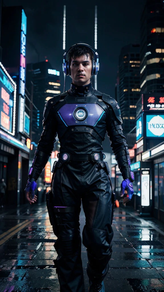 a cyberpunk futuristic man, wearing an amazing dress, awesome headphones helmet, extremely detailed, highly detailed, photorealistic, 8k, hyperrealistic, intricate details, extremely detailed cyberpunk outfit, neon lights, glowing elements, dramatic lighting, moody atmosphere, blue and purple color palette, dramatic shadows, advanced technology, cyborg, robotic parts, futuristic environment, skyscrapers, neon city, rain, wet ground, reflections, intricate machinery, glowing panels, holographic displays